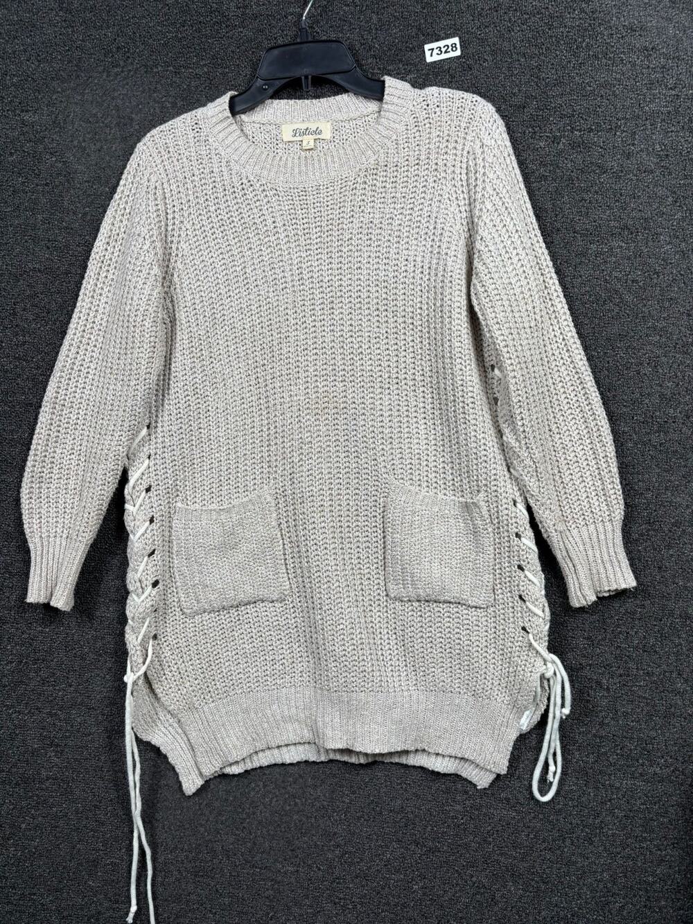 Listicle Knit Sweater Dress Womens S Gray Oatmeal Neck Tie Sides Front Pocket